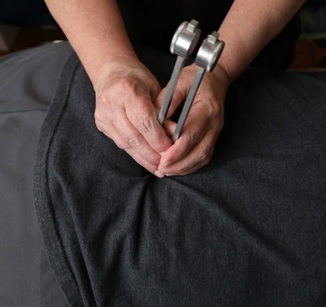 A practitioner's hands holding two weighted tuning forks
